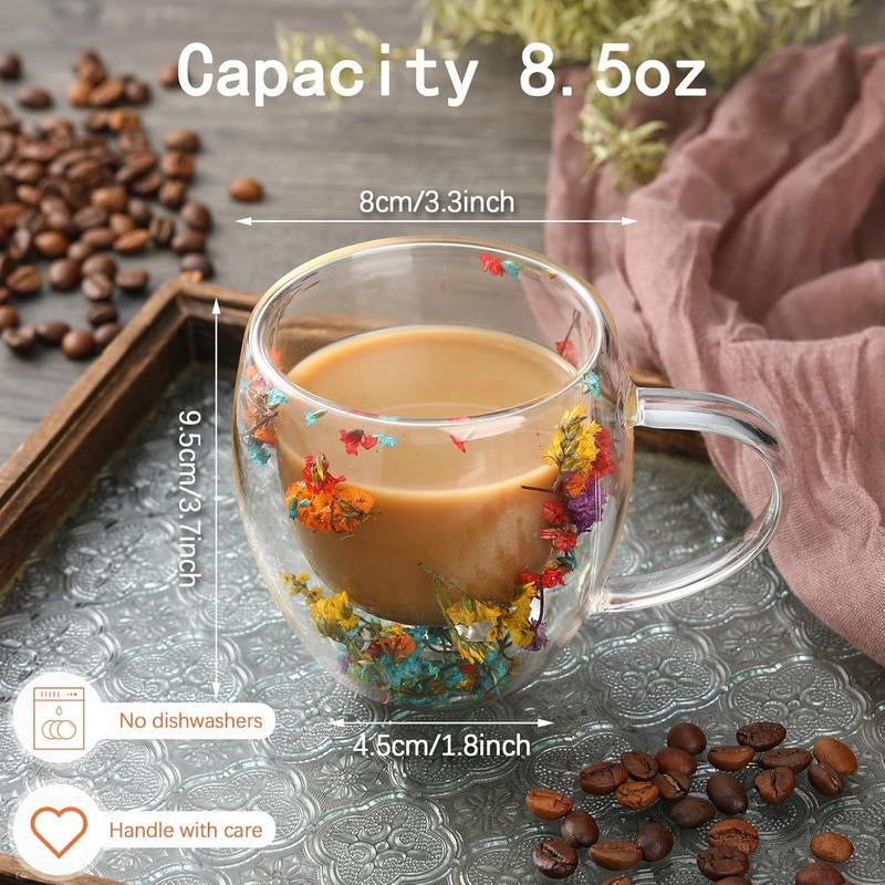 Elegant Double Glass Flower Tea Cup - 390ml Insulated Coffee Cup with Dried Flowers - Perfect Gift for Christmas & New Year - Must-Have for Black Friday Sales
