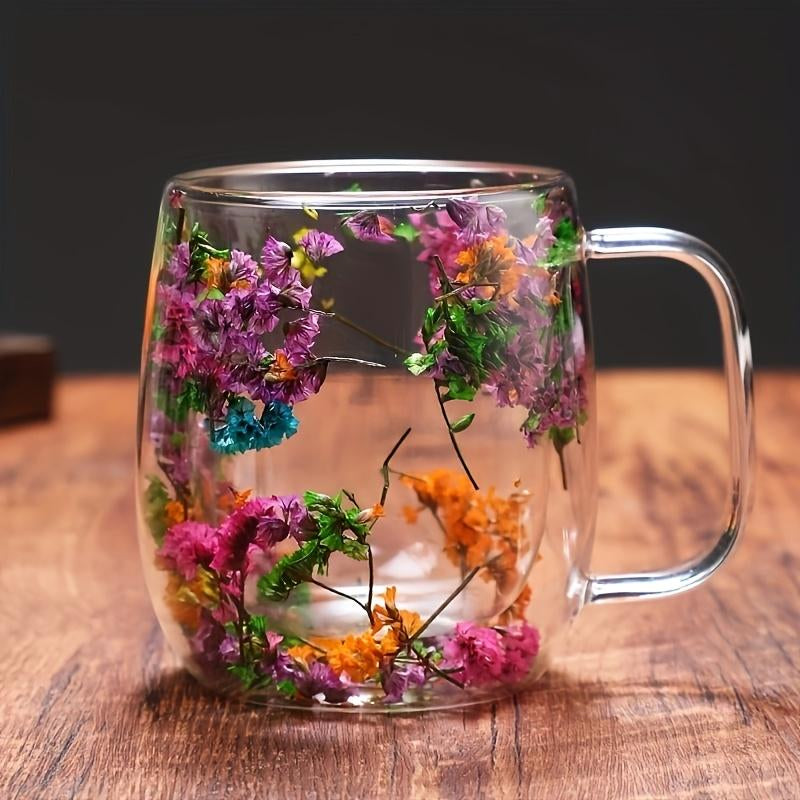 Elegant Double Glass Flower Tea Cup - 390ml Insulated Coffee Cup with Dried Flowers - Perfect Gift for Christmas & New Year - Must-Have for Black Friday Sales
