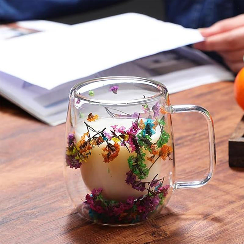 Elegant Double Glass Flower Tea Cup - 390ml Insulated Coffee Cup with Dried Flowers - Perfect Gift for Christmas & New Year - Must-Have for Black Friday Sales